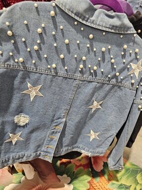 Denim Star Embellished Women's Jacket - Light Blue